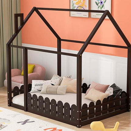 AS21- (Slats are not included) Full Size Wood Bed House Bed Frame with Fence;  for Kids;  Teens;  Girls;  Boys - Likeshoppe 