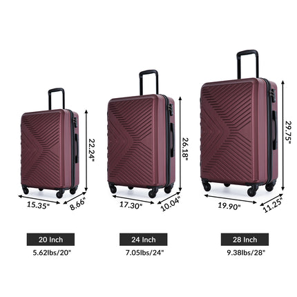 CA1- 3 Piece Luggage Sets ABS Lightweight Suitcase with Two Hooks;  Spinner Wheels;  TSA Lock;  (20/24/28)