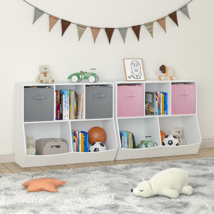 AT9- Kids Bookcase with Collapsible Fabric Drawers, Children's Toy Storage Cabinet for Playroom, Bedroom, Nursery, School, White/Pink - Likeshoppe 