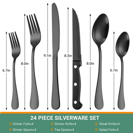 BP13- 24 Piece Flatware Set for 4, TINANA Stainless Steel Flatware Set, Mirror Polished Cutlery Utensil Set, Durable Home Kitchen Eating Tableware Set, Fork Knife Spoon Set,Dishwasher Safe-Black - Likeshoppe 