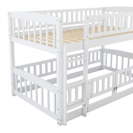 AS25- Bunk Bed with Slide; Twin Over Twin Low Bunk Bed with Fence and Ladder for Toddler Kids Teens - Likeshoppe 