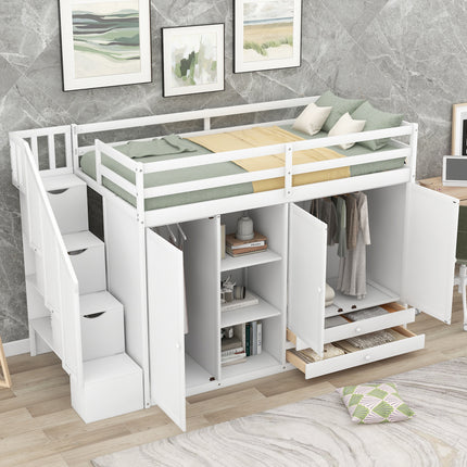 AS26- Functional Loft Bed with 3 Shelves;  2 Wardrobes and 2 Drawers;  Ladder with Storage;  No Box Spring Needed - Likeshoppe 