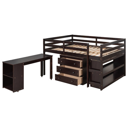 AS1- Low Study Full Loft Bed with Cabinet ; Shelves and Rolling Portable Desk ; Multiple Functions Bed - Likeshoppe 