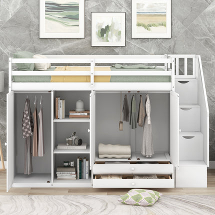 AS26- Functional Loft Bed with 3 Shelves;  2 Wardrobes and 2 Drawers;  Ladder with Storage;  No Box Spring Needed - Likeshoppe 