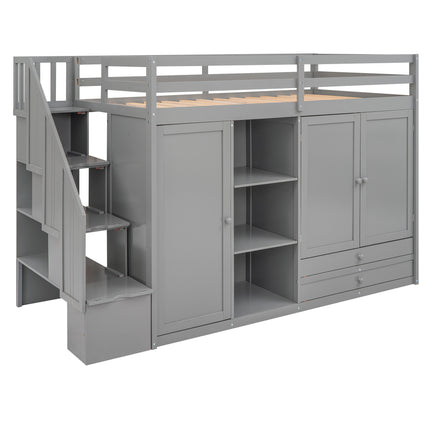 AS26- Functional Loft Bed with 3 Shelves;  2 Wardrobes and 2 Drawers;  Ladder with Storage;  No Box Spring Needed - Likeshoppe 