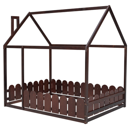 AS21- (Slats are not included) Full Size Wood Bed House Bed Frame with Fence;  for Kids;  Teens;  Girls;  Boys - Likeshoppe 