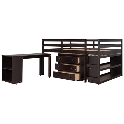 AS1- Low Study Full Loft Bed with Cabinet ; Shelves and Rolling Portable Desk ; Multiple Functions Bed - Likeshoppe 