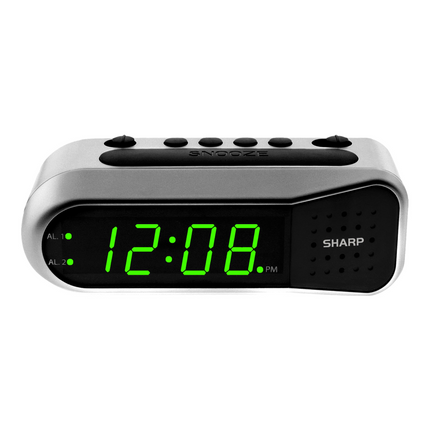 CH32- SHARP Digital Dual Alarm Clock, Silver with Green LED Display, Ascending Alarm - Likeshoppe 