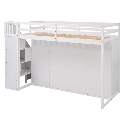 AS26- Functional Loft Bed with 3 Shelves;  2 Wardrobes and 2 Drawers;  Ladder with Storage;  No Box Spring Needed - Likeshoppe 