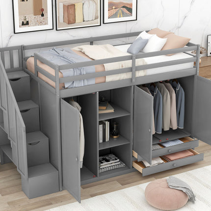 AS26- Functional Loft Bed with 3 Shelves;  2 Wardrobes and 2 Drawers;  Ladder with Storage;  No Box Spring Needed - Likeshoppe 