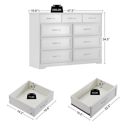 AU4- Bedroom dresser, 9 drawer long dresser with antique handles, wood chest of drawers for kids room, living room, entry and hallway, White, 47.56''W x 15.75''D x 34.45''H. - Likeshoppe 