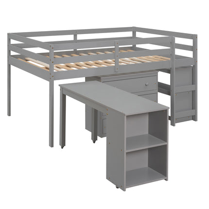 AS1- Low Study Full Loft Bed with Cabinet ; Shelves and Rolling Portable Desk ; Multiple Functions Bed - Likeshoppe 