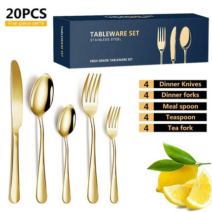 BP14- Golden Silverware Set 20 Pieces Stainless Steel Flatware Set, Kitchen Utensil Set Service for 5, Tableware Cutlery Set for Home & Restaurant, Dishwasher Safe - Likeshoppe 