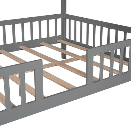 AS32- Full Size Wood House Bed with Fence - Likeshoppe 