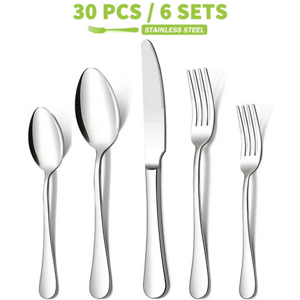 BP16- 30 Pieces Silverware Set, Stainless Steel Flatware Cutlery Set for 6, Fancy Tableware Eating Utensils for Home Kitchen Restaurant Hotel, Mirror Polish, Dishwasher Safe by Kosbon - Likeshoppe 