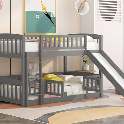 AS25- Bunk Bed with Slide; Twin Over Twin Low Bunk Bed with Fence and Ladder for Toddler Kids Teens - Likeshoppe 