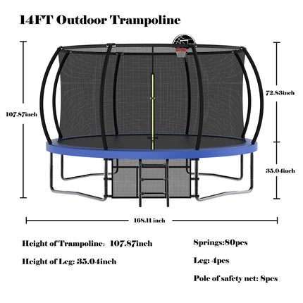 BA36- 14FT Recreational Kids Trampoline with Safety Enclosure Net & Ladder, Outdoor Recreational Trampolines - Likeshoppe 