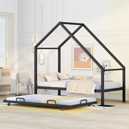 AS19- Metal House Bed With Trundle;  Twin Size House Bed - Likeshoppe 