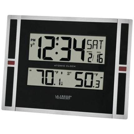 CH20- La Crosse Technology 11" Contemporary Black & Silver Digital Atomic Clock with Temperature, 513-149 - Likeshoppe 