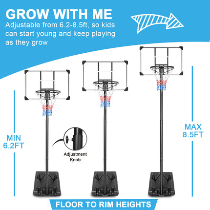 BG7- Portable Basketball Hoop & Goal Basketball Stand Height Adjustable 6.2-8.5ft with 35.4Inch Transparent Backboard & Wheels for Youth Teenagers Outdoor Indoor Basketball Goal Game Play - Likeshoppe 