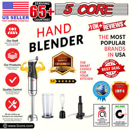 BQ3- 5 Core Handheld Blender 3 IN 1, Electric Hand Held Blenders 500W| Immersion 800ml Beaker & Whisk| 9 Speed Heavy Duty Stick, Stainless Steel Blades for Smoothies Puree Baby Food and Soups- HB1516 New - Likeshoppe 