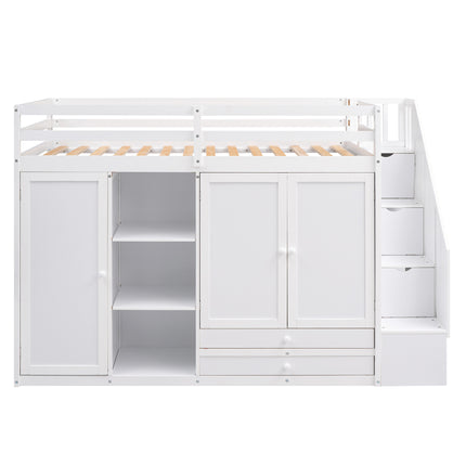 AS26- Functional Loft Bed with 3 Shelves;  2 Wardrobes and 2 Drawers;  Ladder with Storage;  No Box Spring Needed - Likeshoppe 