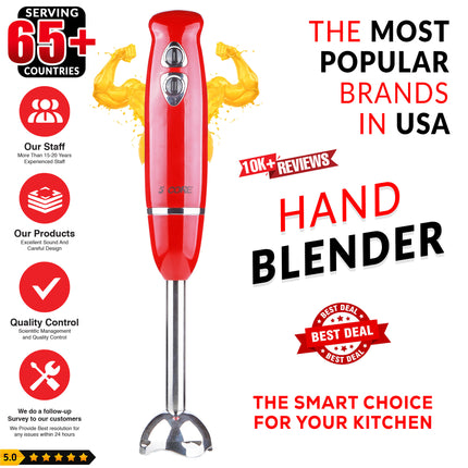 BQ4- 5 Core Handheld Blender, Electric Hand Blender 8-Speed 500W, Immersion Hand Held Blender Stick with Food Grade Stainless Steel Blades for Perfect Smoothies, Puree Baby Food & Soup - HB 1510 BLK/RED - Likeshoppe 