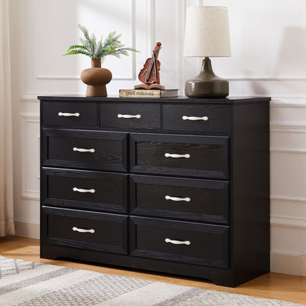 AU7- Bedroom dresser, 9 drawer long dresser with antique handles, wood chest of drawers for kids room, living room, entry and hallway, Black, 47.2'' W x 15.8'' D x 34.6'' H. - Likeshoppe 