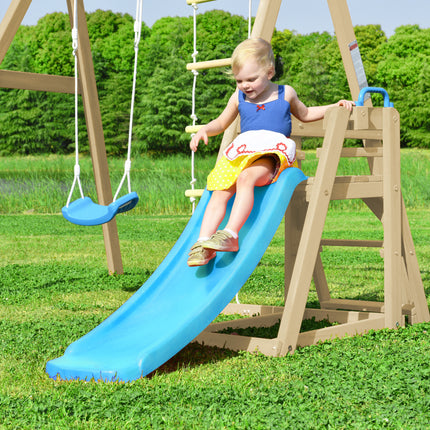 BB3- Wooden Swing Set with Slide, Outdoor Playset Backyard Activity Playground Climb Swing Outdoor Play Structure for Toddlers, Ready to Assemble Wooden Swing-N-Slide Set Kids Climbers - Likeshoppe 