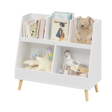 AT2- Kids Bookshelf and Toy Organizer, 5 Cubbies Wooden Open Bookcase, 2-Tier Baby Storage Display Organizer with Legs, Free Standing for Playing Room, Bedroom, Nursery, Classroom, White - Likeshoppe 