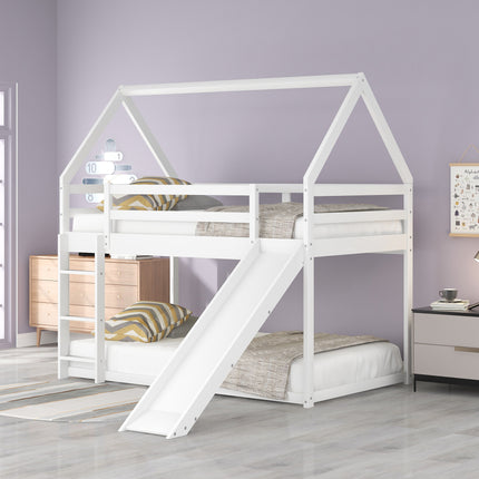 AS33- Twin Size Bunk House Bed with Slide and Ladder - Likeshoppe 