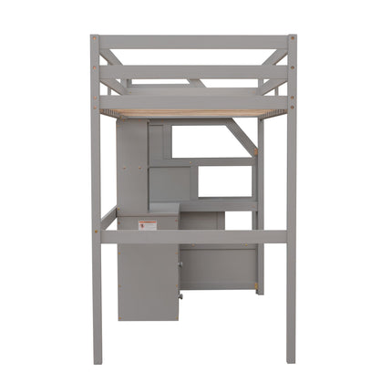 AS4- Twin Size Loft Bed with a Stand-alone Bed;  Storage Staircase;  Desk;  Shelves and Drawers - Likeshoppe 