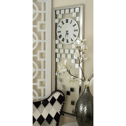 CG21- DecMode 13" x 42" Silver Glass Beveled Mirrored Wall Clock - Likeshoppe 