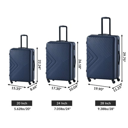 CA1- 3 Piece Luggage Sets ABS Lightweight Suitcase with Two Hooks;  Spinner Wheels;  TSA Lock;  (20/24/28)