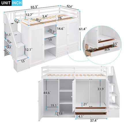 AS26- Functional Loft Bed with 3 Shelves;  2 Wardrobes and 2 Drawers;  Ladder with Storage;  No Box Spring Needed - Likeshoppe 