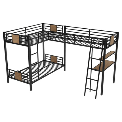 AS28- L-Shaped Twin over Twin Bunk Bed with Twin Size Loft Bed with Desk and Shelf - Likeshoppe 