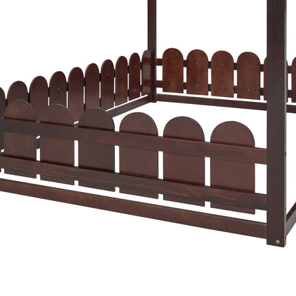 AS21- (Slats are not included) Full Size Wood Bed House Bed Frame with Fence;  for Kids;  Teens;  Girls;  Boys - Likeshoppe 