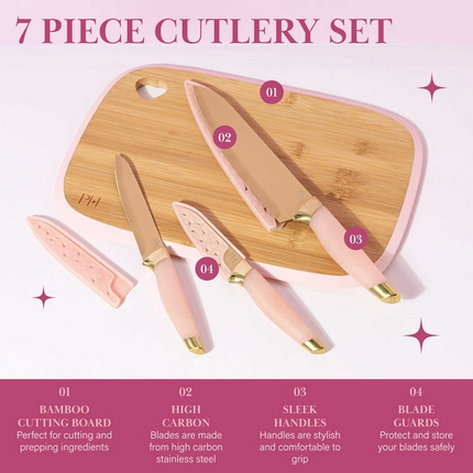 BV2- Paris Hilton 7-Piece Reversible Bamboo Heart Cutting Board and Stainless Steel Cutlery Set, Pink - Likeshoppe 