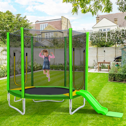 BA37- 7FT Trampoline for Kids with Safety Enclosure Net, Slide and Ladder, Easy Assembly Round Outdoor Recreational Trampoline - Likeshoppe 