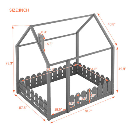 AS21- (Slats are not included) Full Size Wood Bed House Bed Frame with Fence;  for Kids;  Teens;  Girls;  Boys - Likeshoppe 