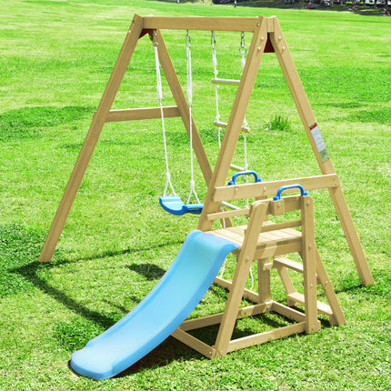 BB3- Wooden Swing Set with Slide, Outdoor Playset Backyard Activity Playground Climb Swing Outdoor Play Structure for Toddlers, Ready to Assemble Wooden Swing-N-Slide Set Kids Climbers - Likeshoppe 