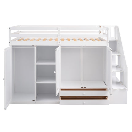 AS26- Functional Loft Bed with 3 Shelves;  2 Wardrobes and 2 Drawers;  Ladder with Storage;  No Box Spring Needed - Likeshoppe 