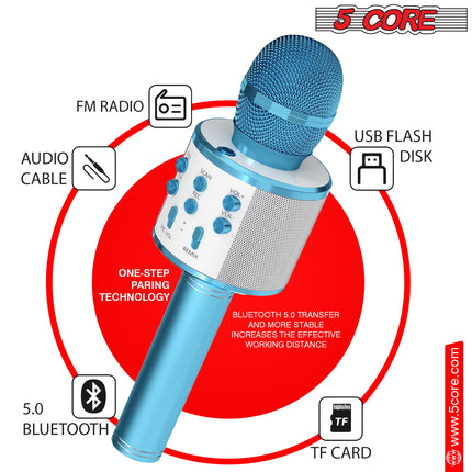 CC18- 5 Core Karaoke Wireless Microphones Bluetooth • w Stereo Mic Speaker • Portable Recording Microfono Inalambrico • SD Card & USB • Gifts Music Toys for Kids and Adults All Age- WM SPK BLU - Likeshoppe 