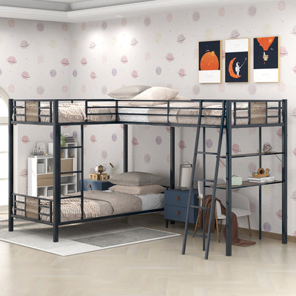 AS28- L-Shaped Twin over Twin Bunk Bed with Twin Size Loft Bed with Desk and Shelf - Likeshoppe 