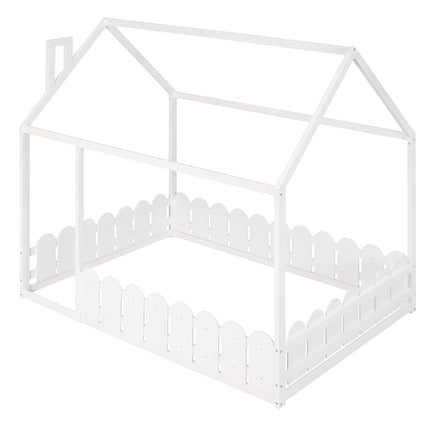 AS21- (Slats are not included) Full Size Wood Bed House Bed Frame with Fence;  for Kids;  Teens;  Girls;  Boys - Likeshoppe 