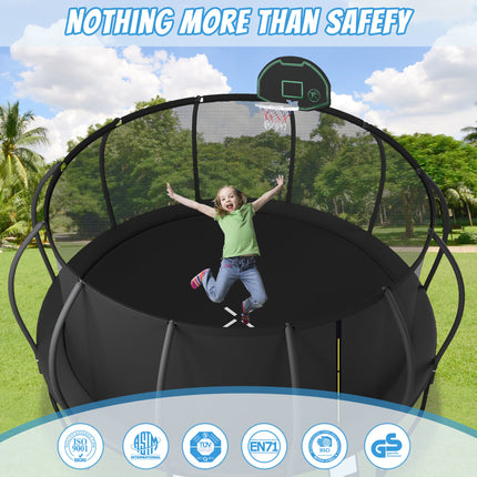 BA14- 15FT Trampoline for Kids with Upgraded ArcPole and Composite TopLoop for Safety Enclosure, Plus Basketball Board and 12 Ground Stakes, Outdoor Recreational Playset Balance Physical Training Trampoline - Likeshoppe 