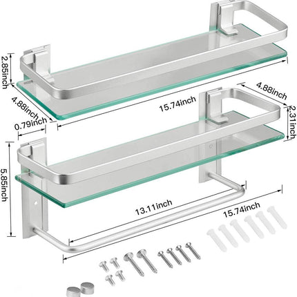 AN1-Glass Bathroom Shelf 15.7in Bathroom Shelf Wall Mounted Floating Glass Shelves with Towel Holder Glass Shower Shelf 2 Tier - Likeshoppe 