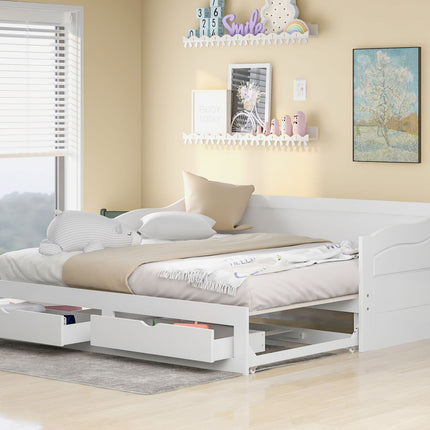 AS34- Wooden Daybed with Trundle Bed and Two Storage Drawers , Extendable Bed Daybed,Sofa Bed with Two Drawers - Likeshoppe 