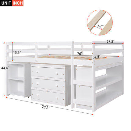 AS1- Low Study Full Loft Bed with Cabinet ; Shelves and Rolling Portable Desk ; Multiple Functions Bed - Likeshoppe 