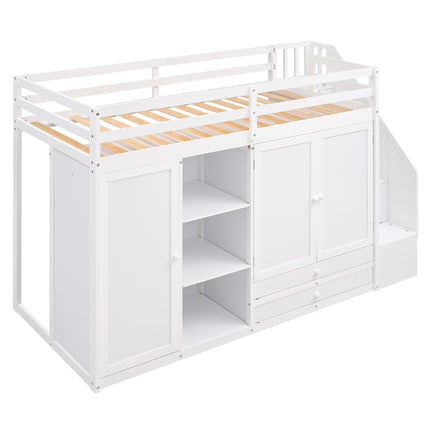 AS26- Functional Loft Bed with 3 Shelves;  2 Wardrobes and 2 Drawers;  Ladder with Storage;  No Box Spring Needed - Likeshoppe 